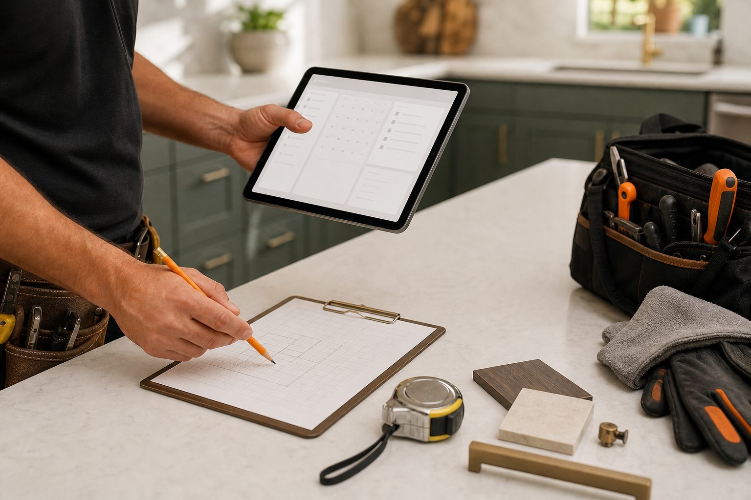 Technician planning a service request with tablet and clipboard